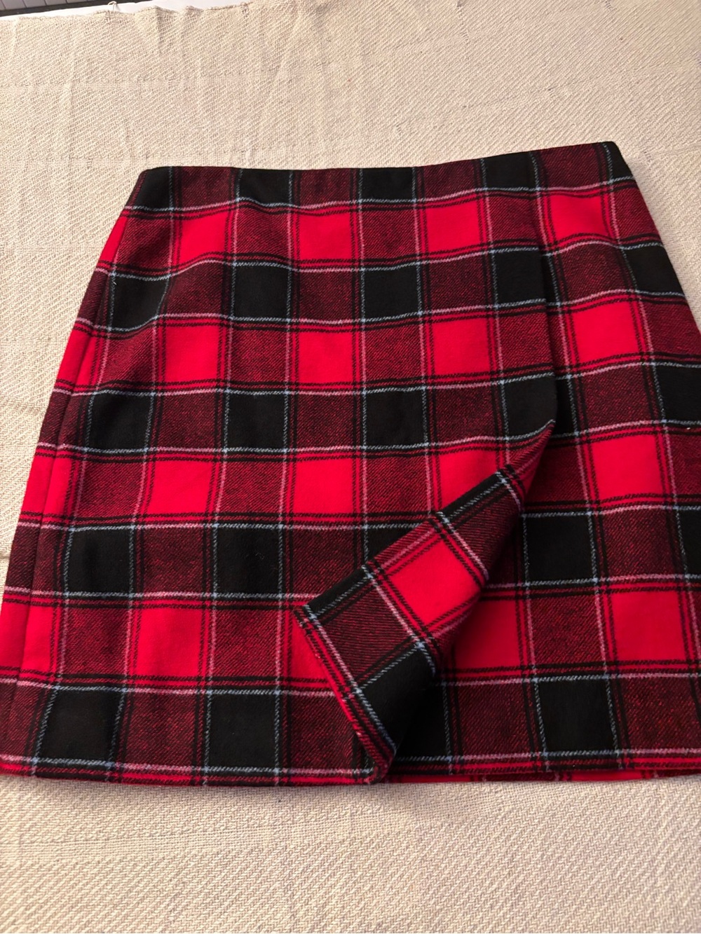 Talbots Red Black Plaid Tartan Mini Faux Wrap Wool Skirt Size 12